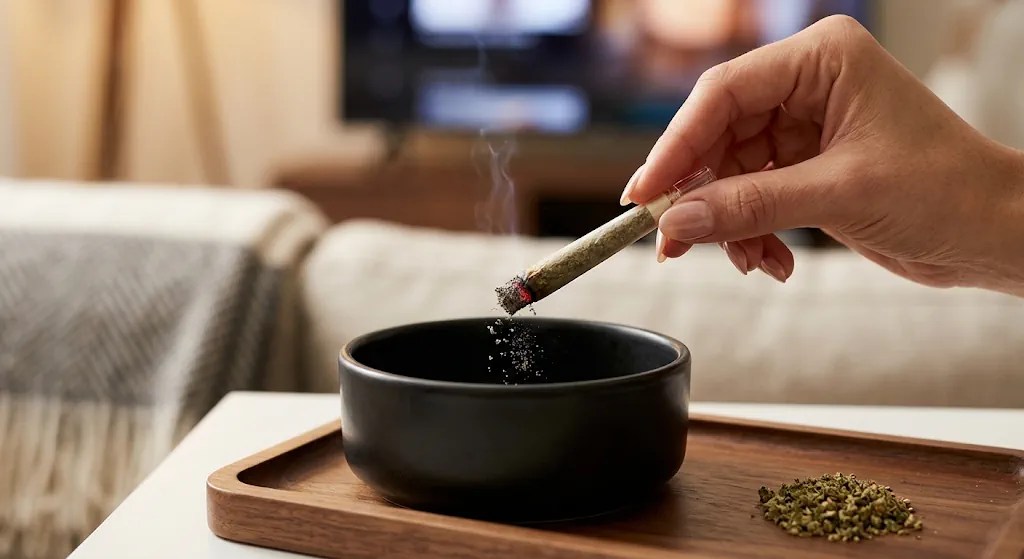Close-up of a person's manicured hand tapping a lit joint against a ceramic ashtray to remove ash, with a cozy blurred living room and TV background and a tray of loose ground cannabis.