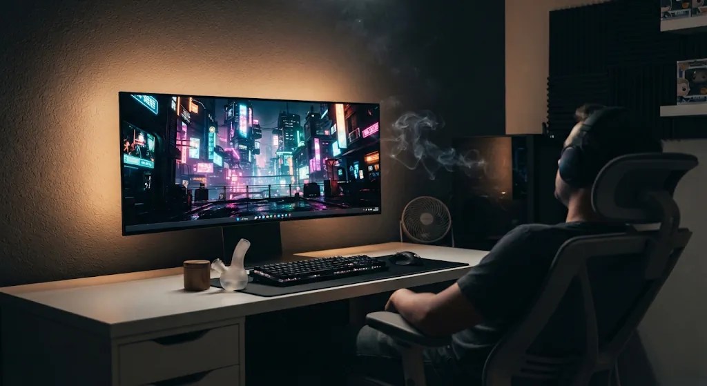 A gamer relaxing in a room with warm bias lighting, facing an ultra-wide OLED monitor displaying a vibrant neon cyberpunk cityscape.