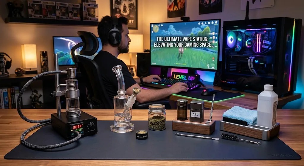 Desktop vape station setup with a ball vape, glass rig, silicone mat, and organized accessories on a gaming desk next to an RGB PC.
