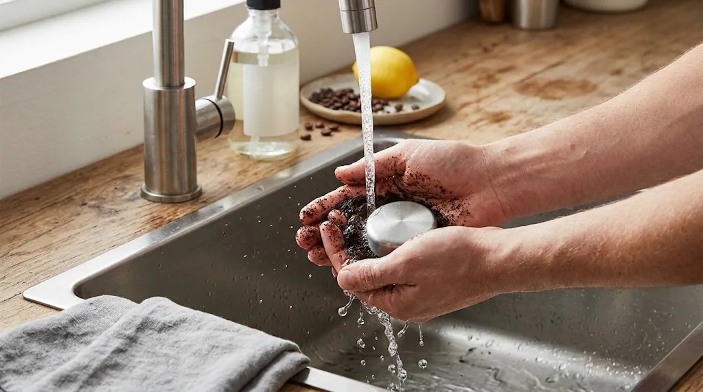 Hands in a kitchen sink scrubbed with coffee grounds, holding a stainless steel bar, with lemons and soap in the background to demonstrate odor removal techniques.