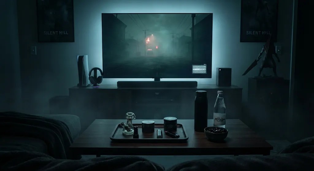 Cozy living room gaming setup for a Silent Hill smoke session featuring a 4K TV displaying a foggy town, ambient blue backlighting, and a coffee table with smoking accessories