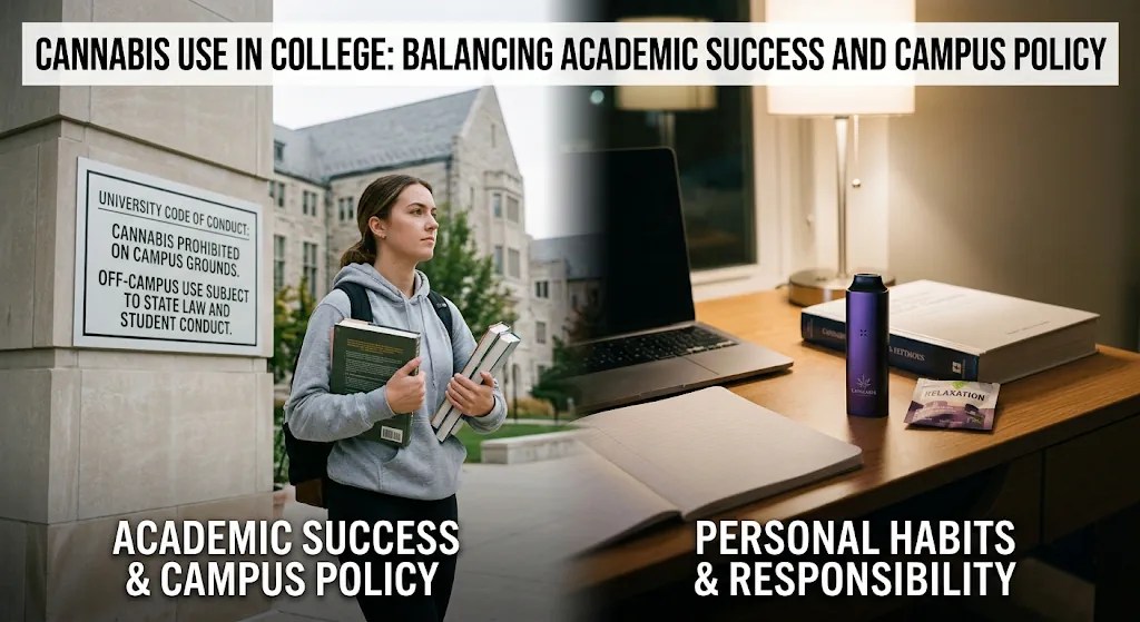 Split screen showing a student walking near a university building next to a study desk with a laptop and books, illustrating college cannabis policies and academic balance.