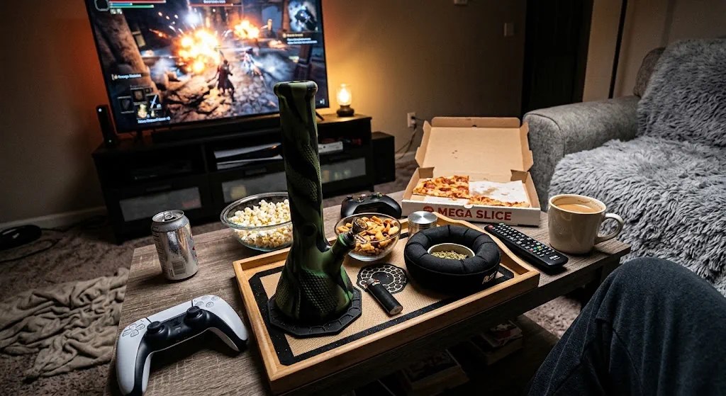 A stable wide-base silicone bong resting securely on a rolling tray atop a living room coffee table during a gaming session.