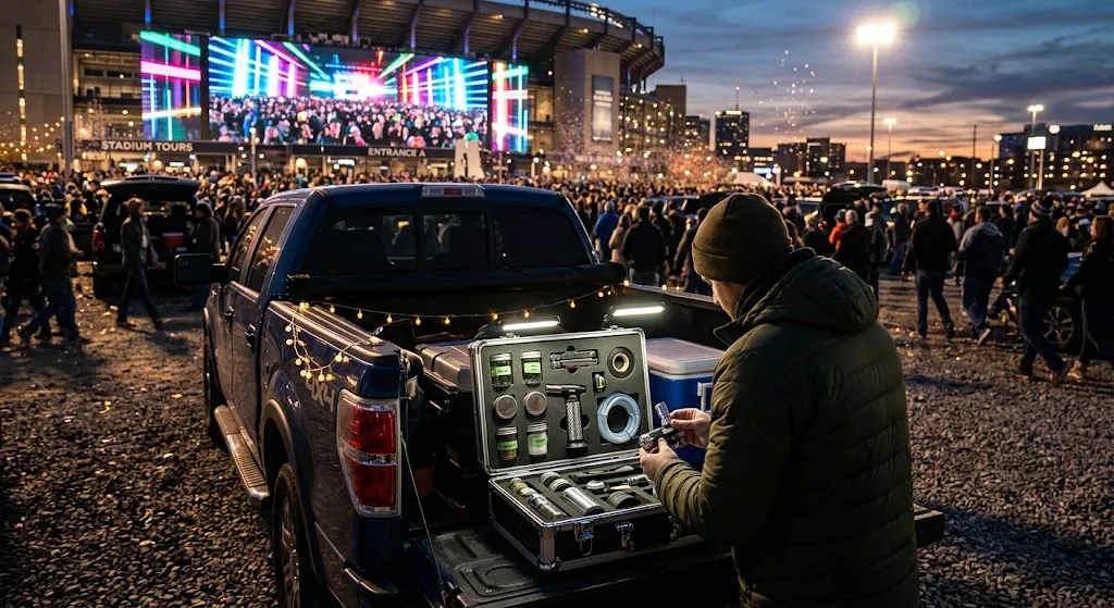 Tailgate pre-show session setup in a concert stadium parking lot featuring modular wind-resistant gear and field kits.