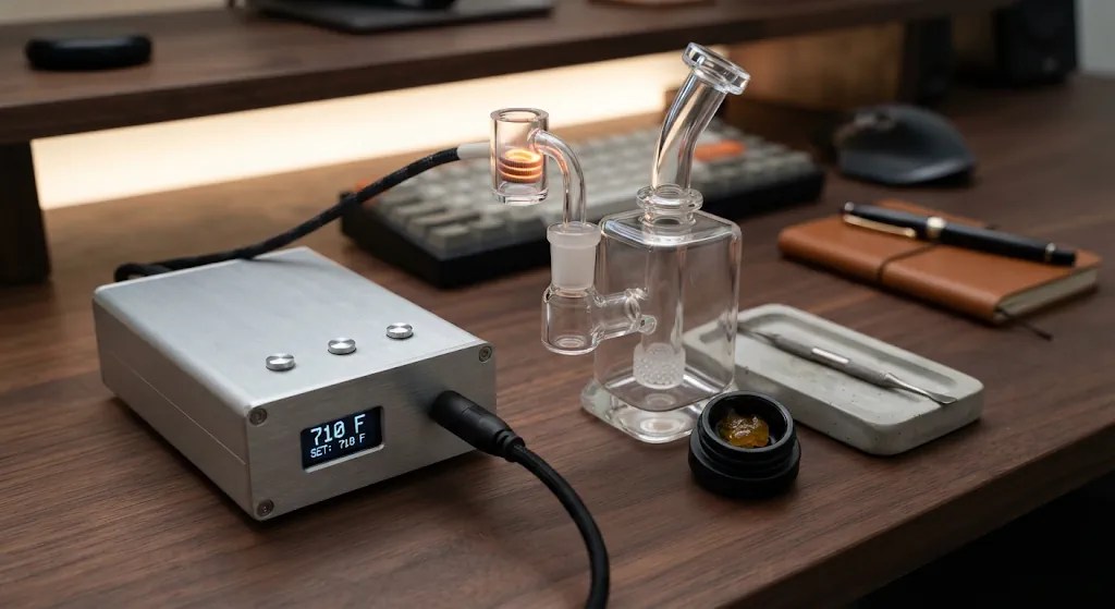 An electronic nail dab rig with a custom silver PID heat controller, digital temperature display, and quartz banger on a clean wooden desk.