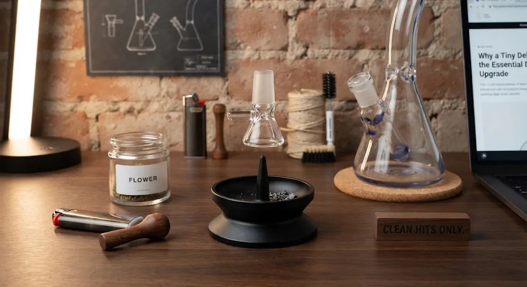 A sleek black silicone debowler tool and glass bowl on a clean wooden desktop setup next to a glass water piece.