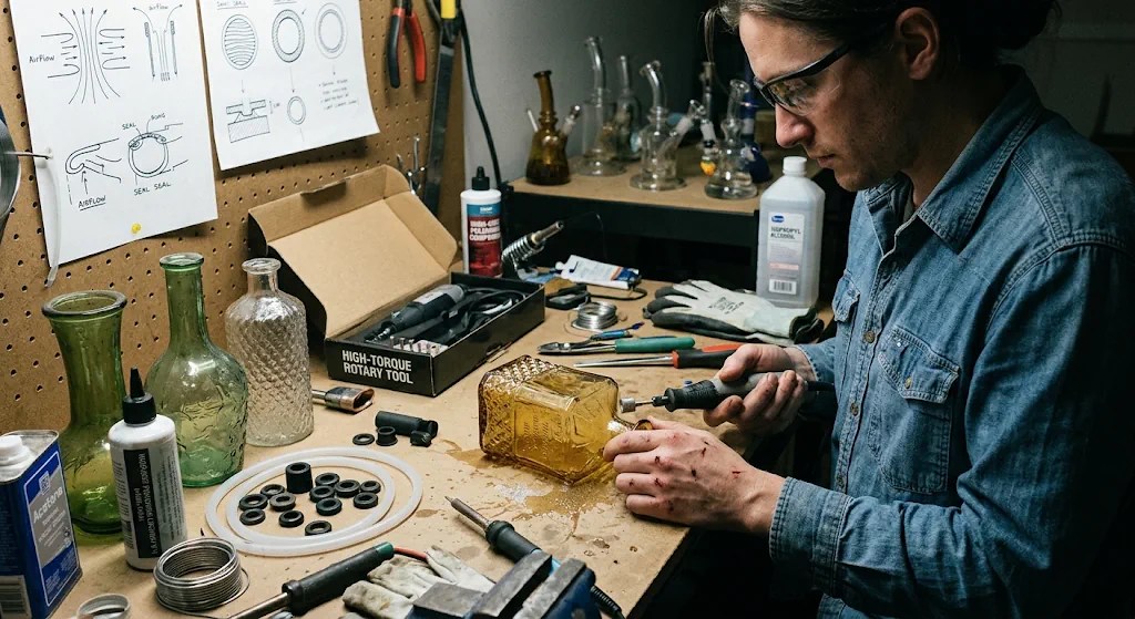 A craftsman at a workshop bench using a rotary tool to drill a custom downstem hole into a vintage glass decanter.