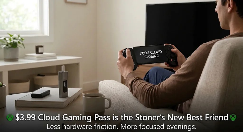 A person relaxing on a couch, playing Xbox Cloud Gaming on a mobile handheld controller in a clean, minimalist living room with a coffee cup and modern vaporizer on the table