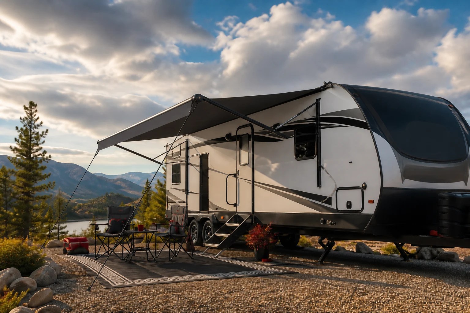 RV awning secured with SaveAwn supports and straps connected at the outer lead rail