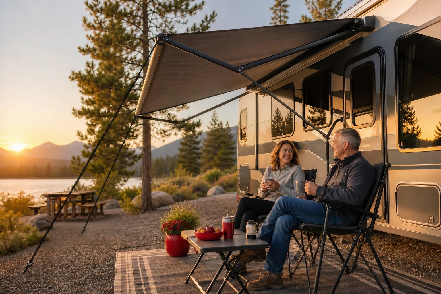 RV travelers relaxing beneath an awning secured with the SaveAwn reinforcement system