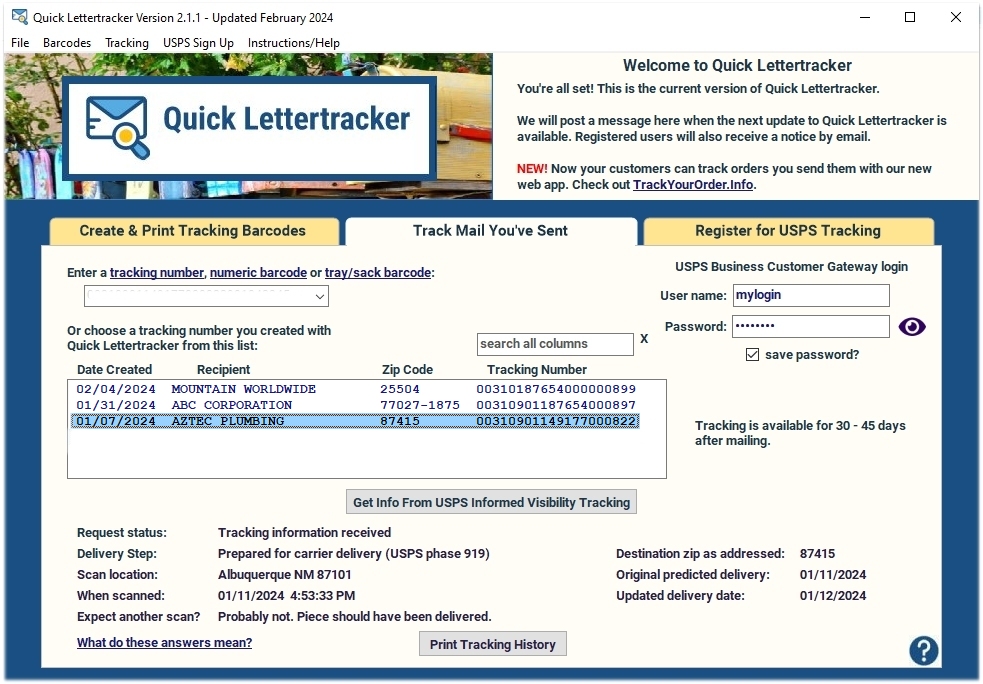Software for tracking your postal mail and printing tracking barcodes