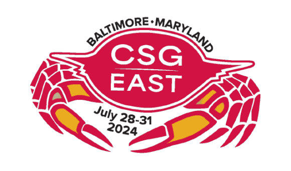 A logo in the form of a crab with the words CSG east Baltimore, Maryland, July 2024