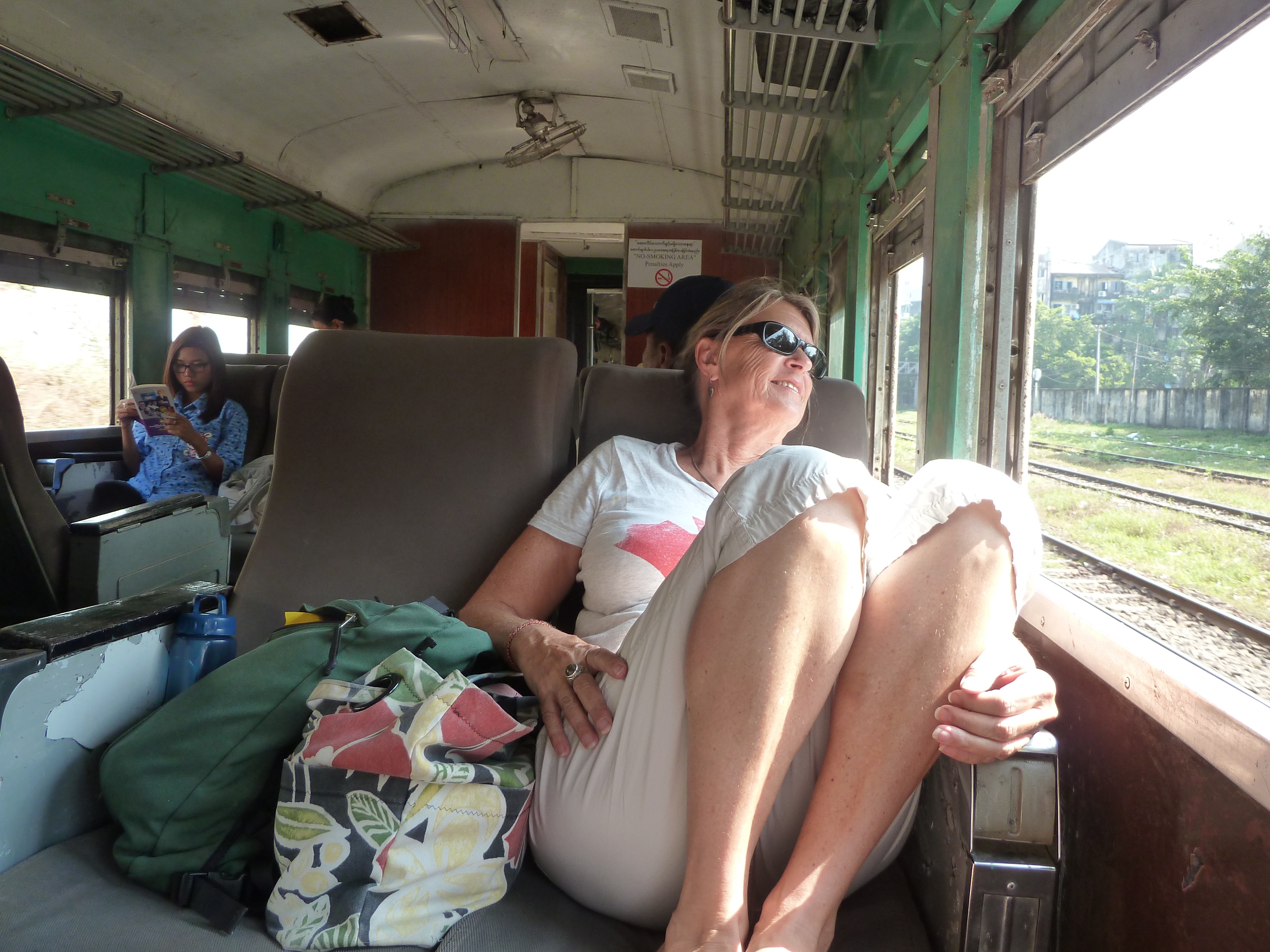 Muriel enjoying the sun & last leg of the epic train journey