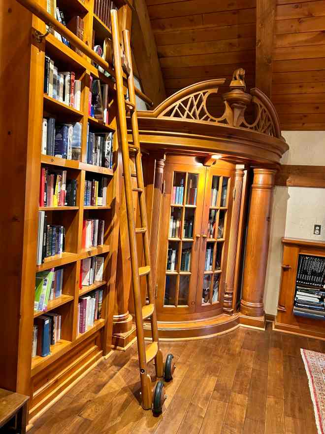 a ladder on a library wall made of wood