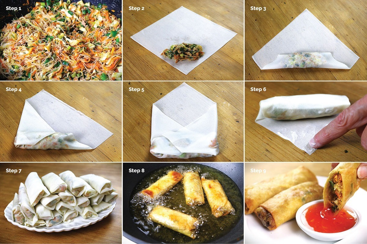 Spring roll process pictures.