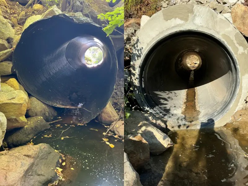 Before and after comparison of stormwater culvert rehabilitation using slip lining and structural lining systems.