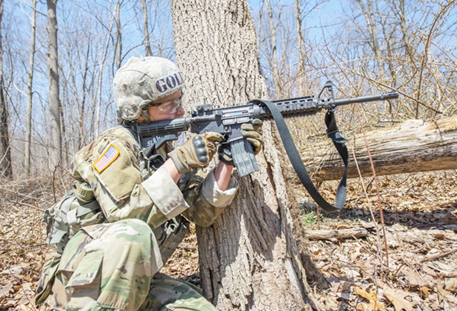 Cadet Taylor England fires her M4 carbine at a target during the Sandhurst Military Skills Competition at West Point, New York, April 14, 2018. England was the top-ranked infantry-bound cadet in the class of 2018. (U.S. Army photo)