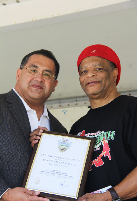 County Supervisor, James Ramos awarded the County Board of Supervisors 'Certificate of Recognition' to the Second Baptist Church of Redlands. Pastor, Anthony Green received the 'Award' on behalf of the church. Credit: John Coleman909 894-3070 Community Photography X (C P Time/s)