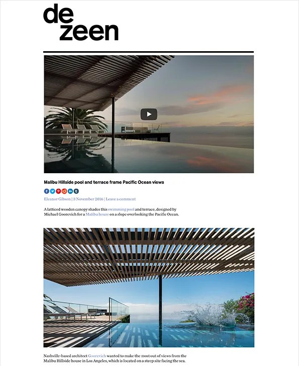 Dezeen magazine layout showing two poolside images: Malibu hillside pool with Pacific Ocean views and a slatted wooden pergola over a terrace.
