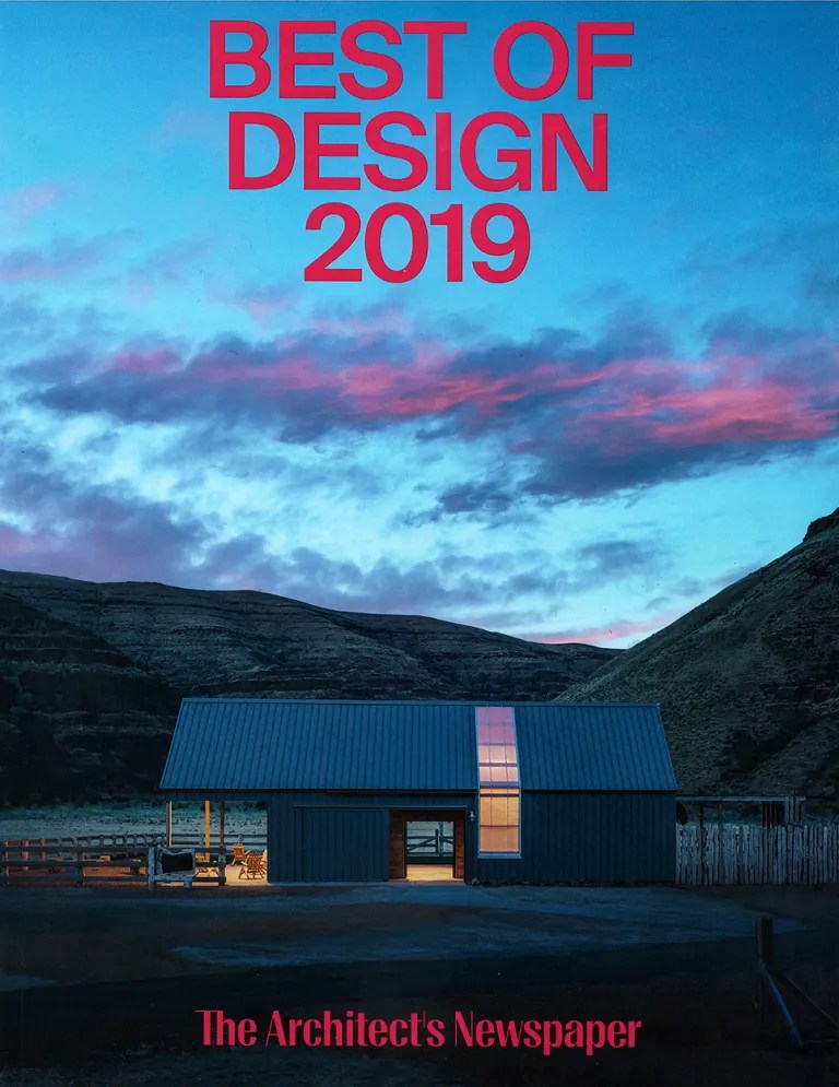 Cover of Best of Design 2019 featuring a modern dark-blue house at dusk against a blue sky; The Architect's Newspaper at the bottom