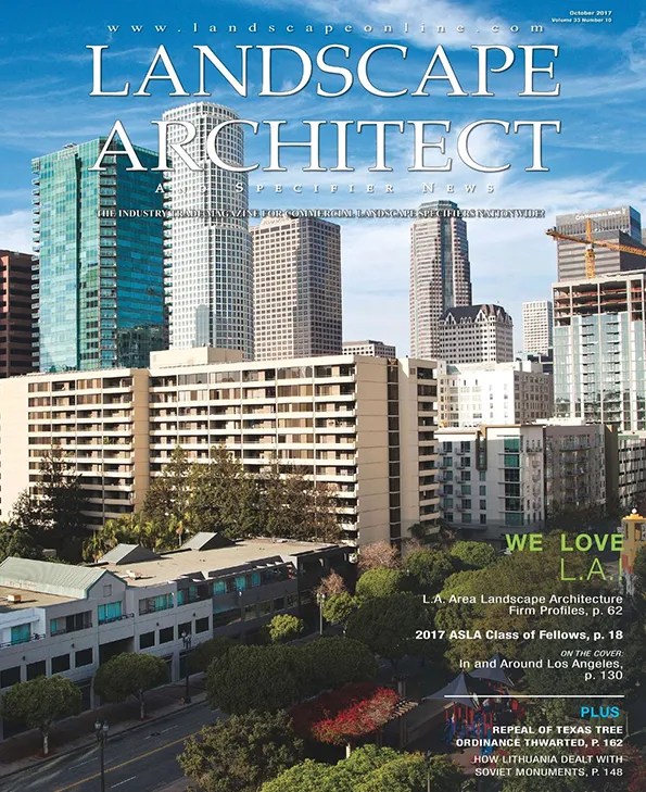 Landscape Architect magazine cover showing the Los Angeles skyline with tall buildings and a bold 'WE LOVE L.A.' headline, October 2017 edition.