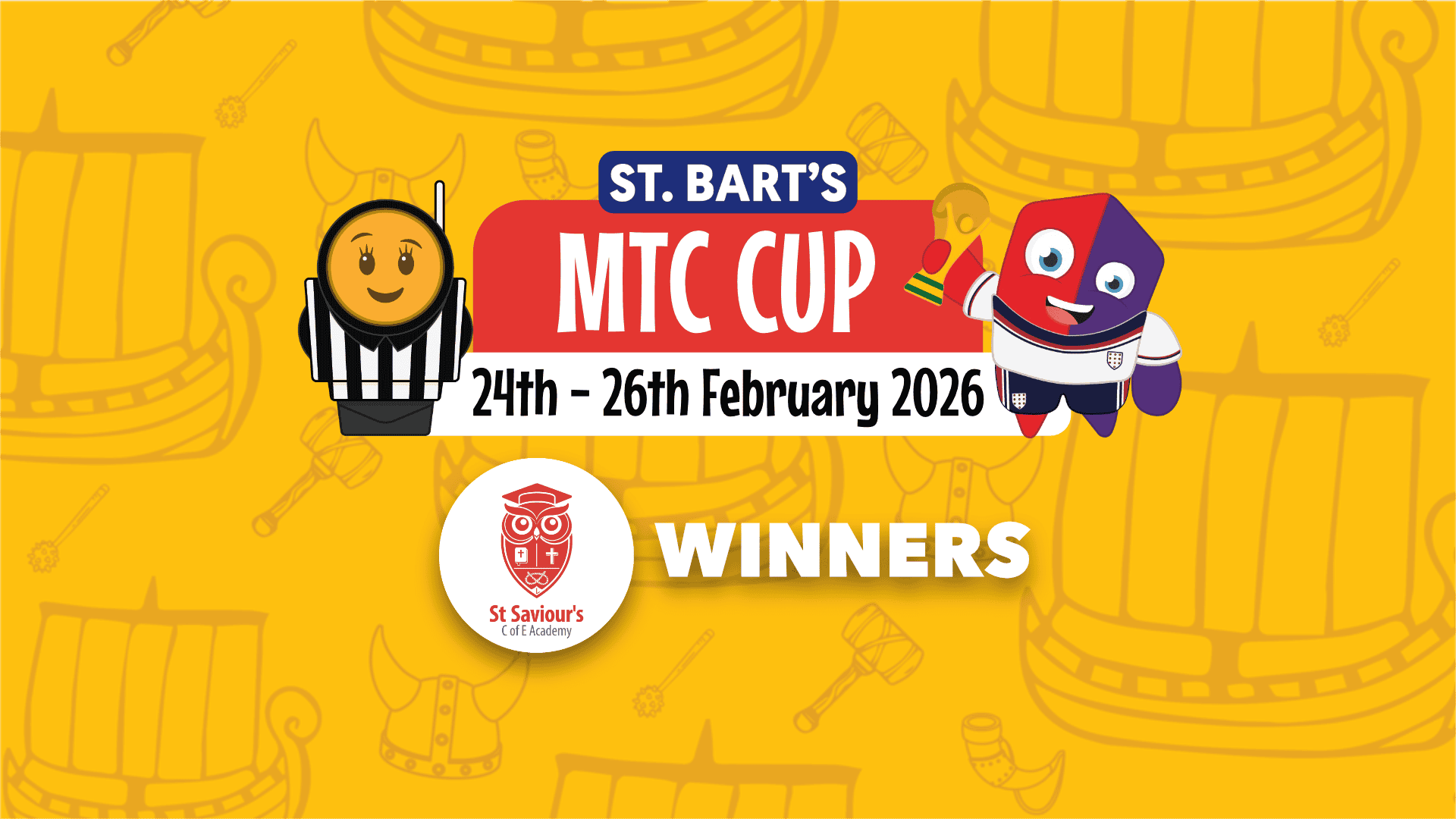 St. Bart's MTC Cup 2026 winners celebration with mascots and logo.