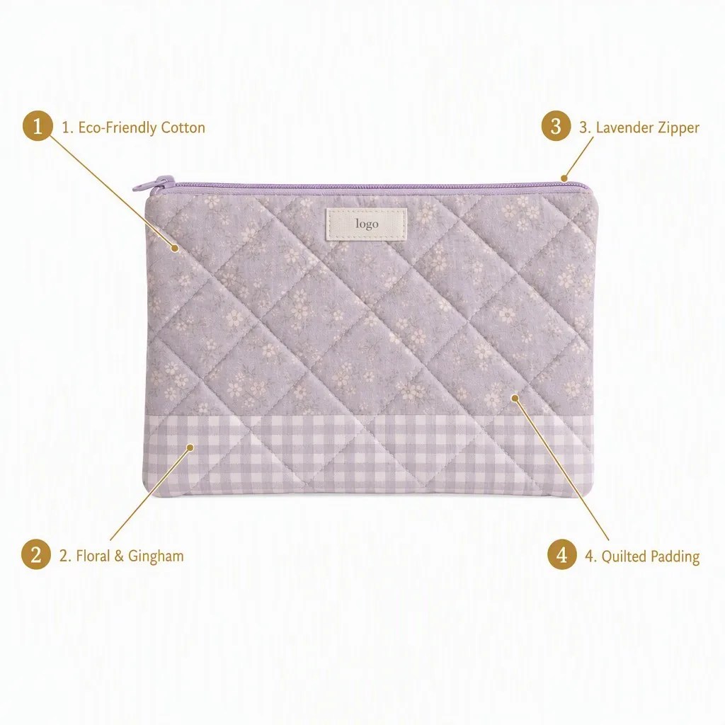 Cotton Cosmetic Bag selling points eco friendly cotton floral gingham lavender zipper