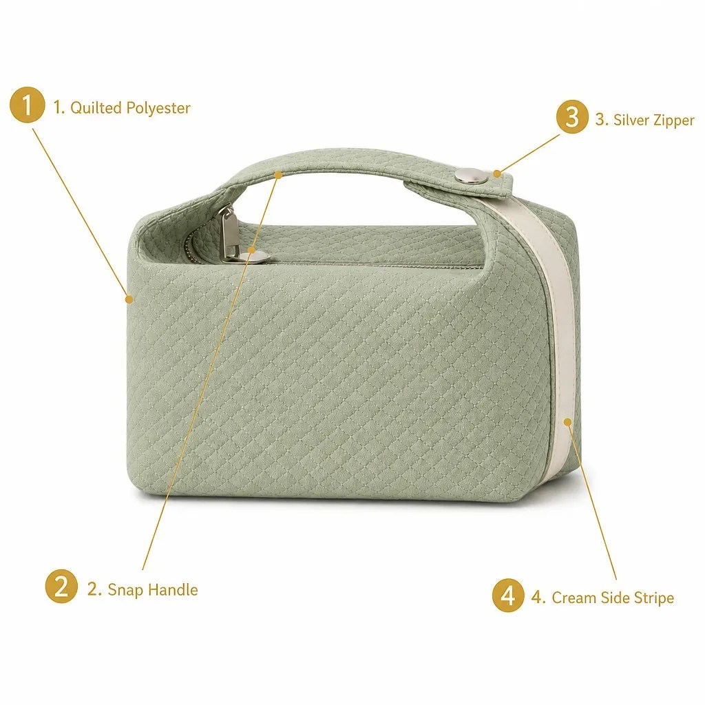 Polyester Cosmetic Bag selling points quilted polyester snap handle silver zipper