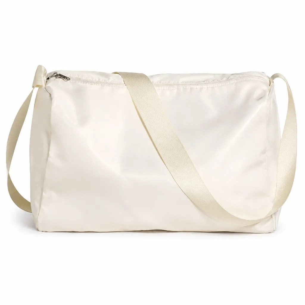 Lightweight foldable travel bag front view off-white polyester zipper closure