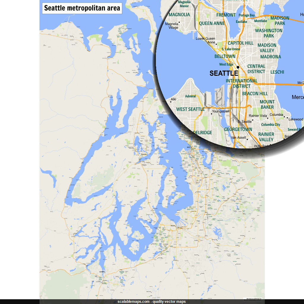 Seattle Map With Landmarks And Cities Seattle 100km Gmap Regional Thumb 1024 