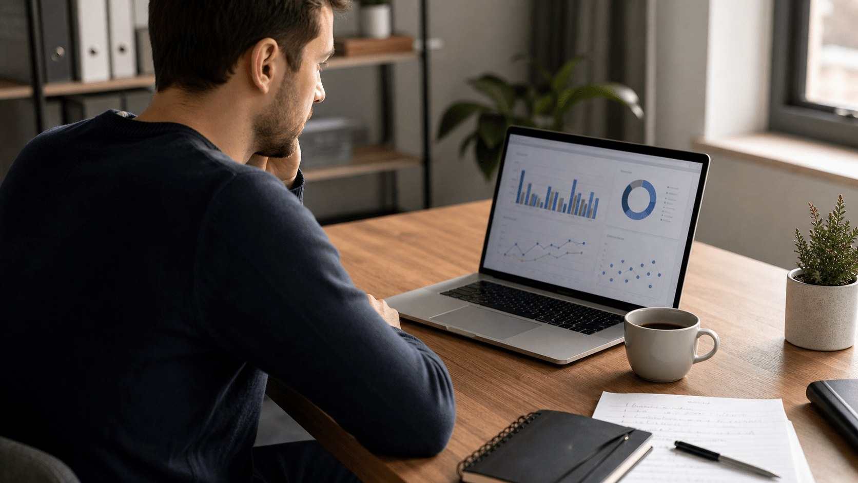 Person reviewing a laptop with blurred analytics chart beside paper notes and coffee