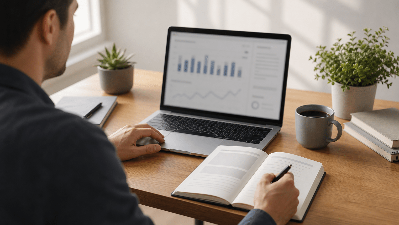 Analytics owner comparing laptop dashboard blur and CRM notes on a wooden desk