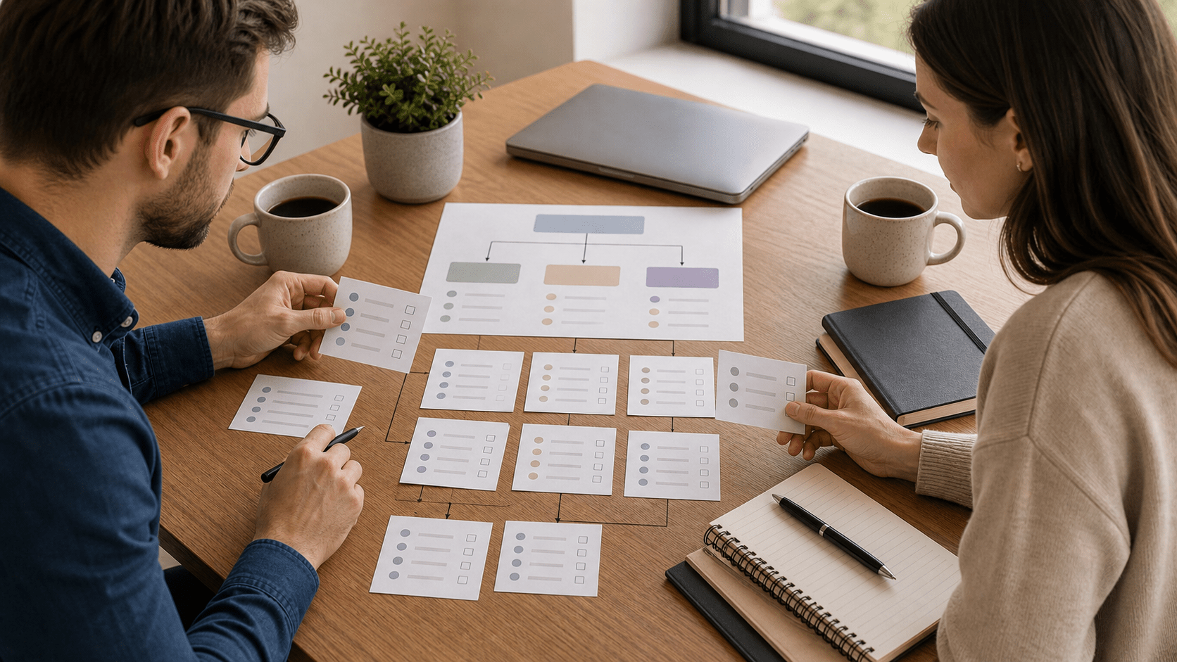 Two teammates reviewing process ownership cards on a neutral office table