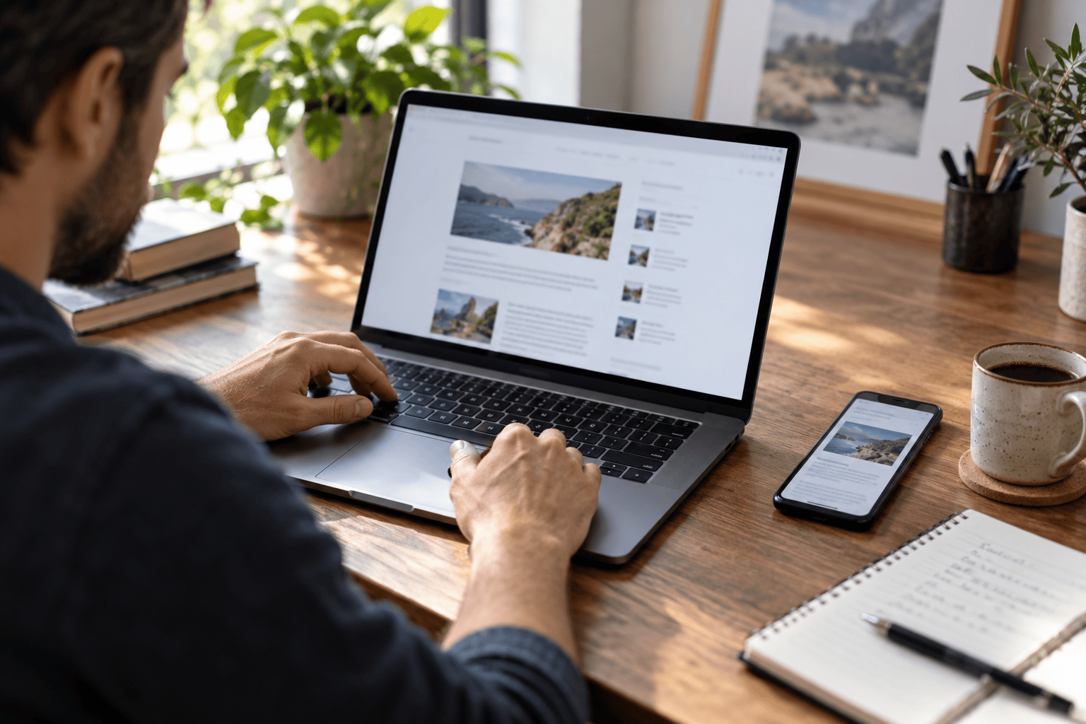 A web publisher reviews a page on a laptop with a phone nearby in a quiet workspace.