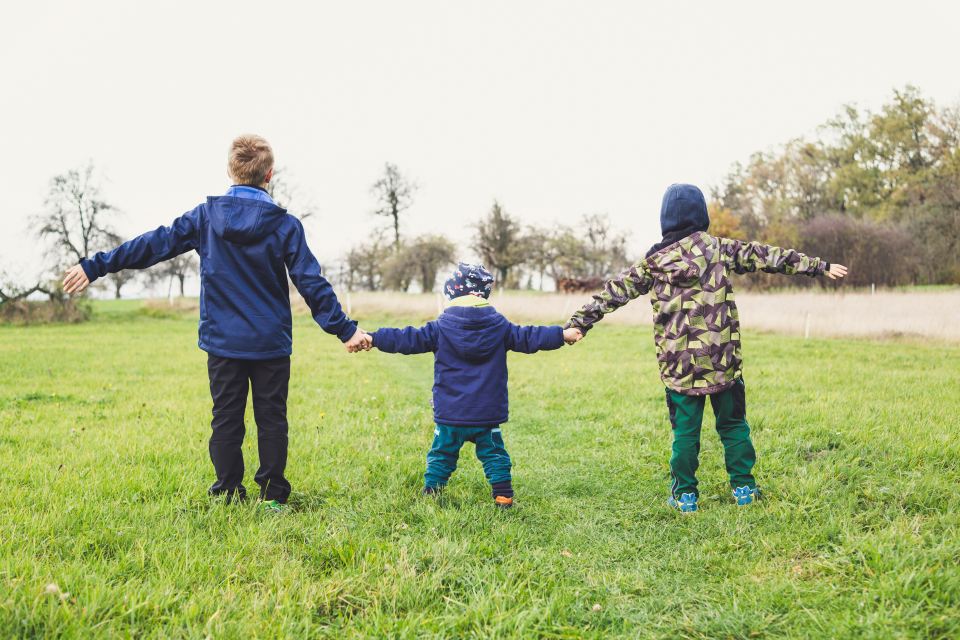 Three children holding hands facing opposite of the camera in a field of grass