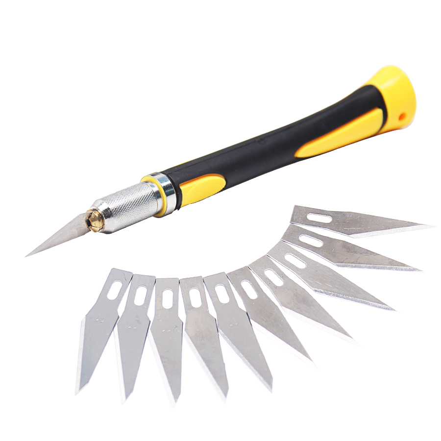 11 Craft Scalpel Set Thick Plastic Handle in Black & Yellow with 10 Carbon Steel Blades