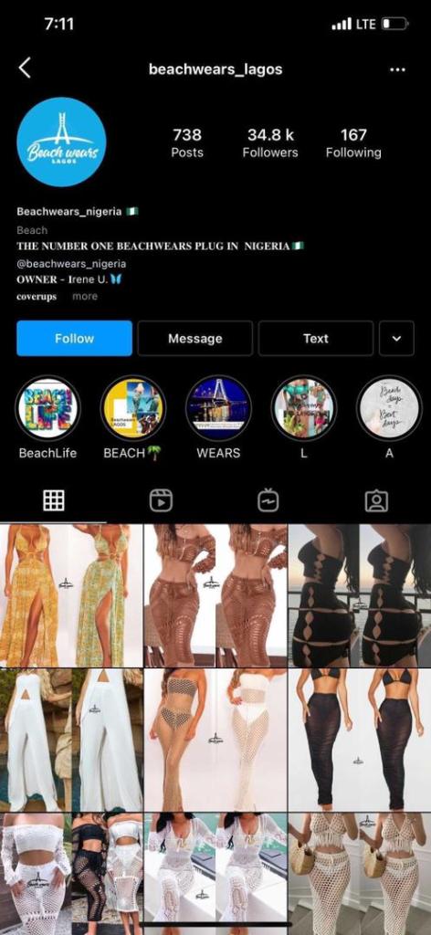 The Instagram page of the scammer: @beachwears_lagos