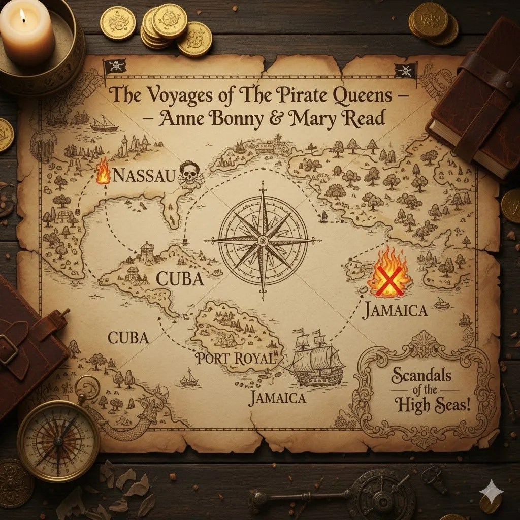 Aged pirate map of the Caribbean showing Anne Bonny and Mary Read's voyages from the pirate haven of Nassau to the site of their capture in Port Royal, Jamaica.