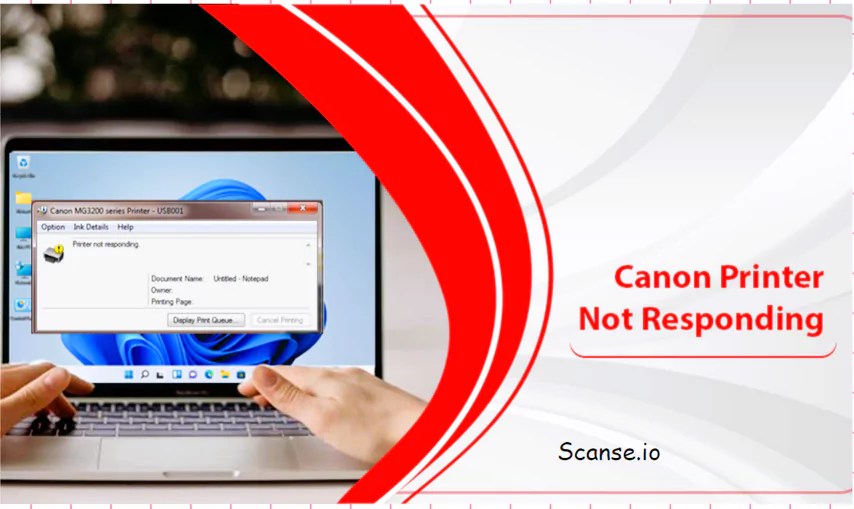 A Canon printer displaying a 'Not Responding' message, with a toolkit and laptop in the background.