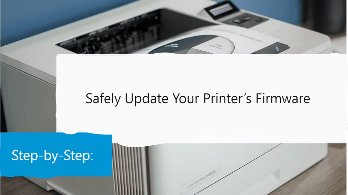 Man updating printer firmware on a laptop, with HP and Epson printers in the background.