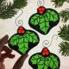 Set of 3 stained glass Christmas holly tree decorations
