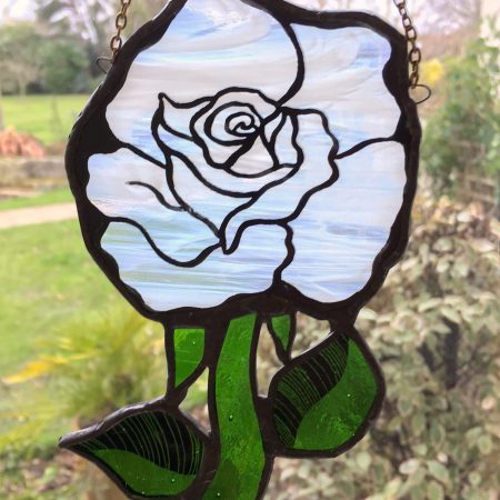 Stained glass white rose sun catcher