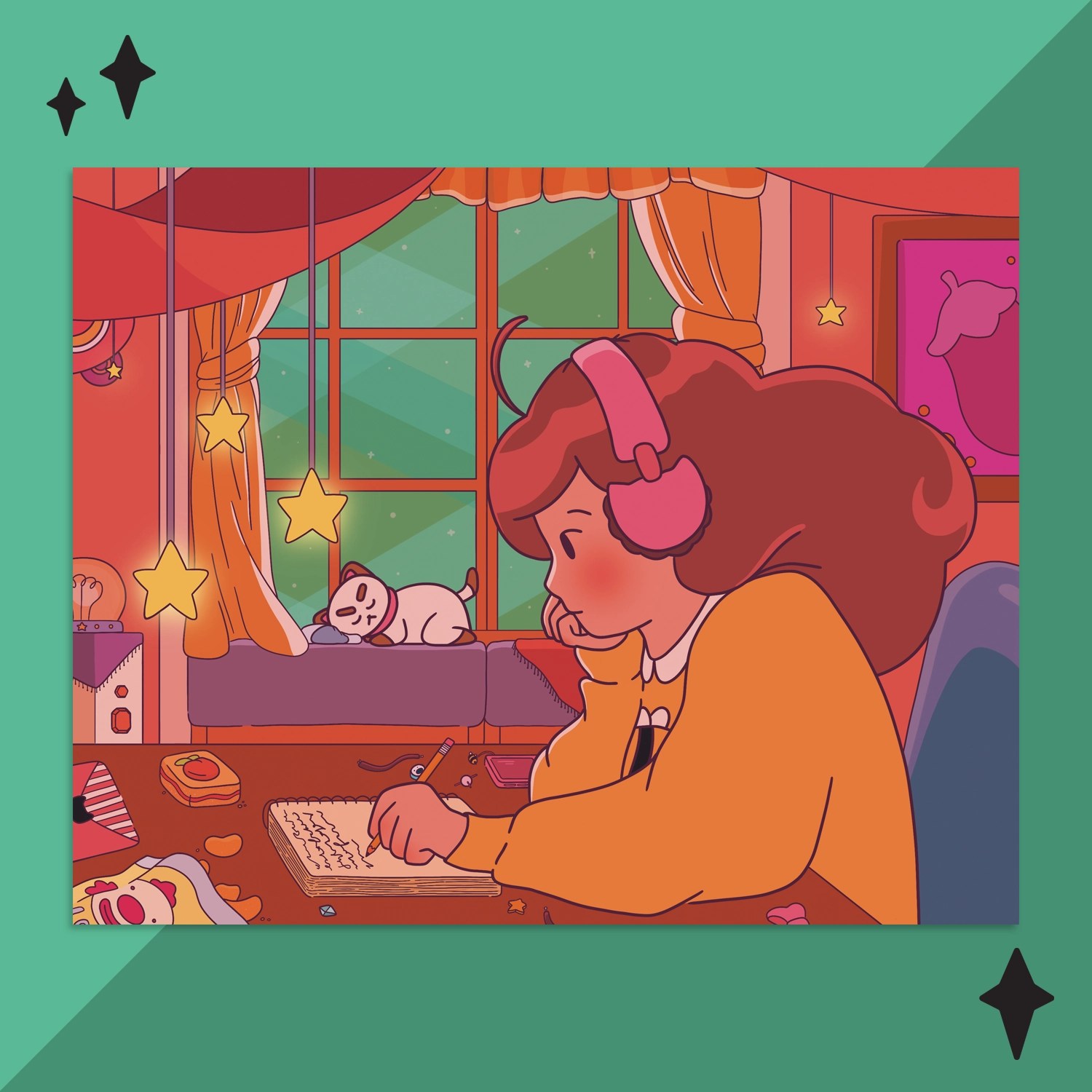 Lo-Fi Bee and Puppycat to Study/Relax To print on turquoise background with star accents