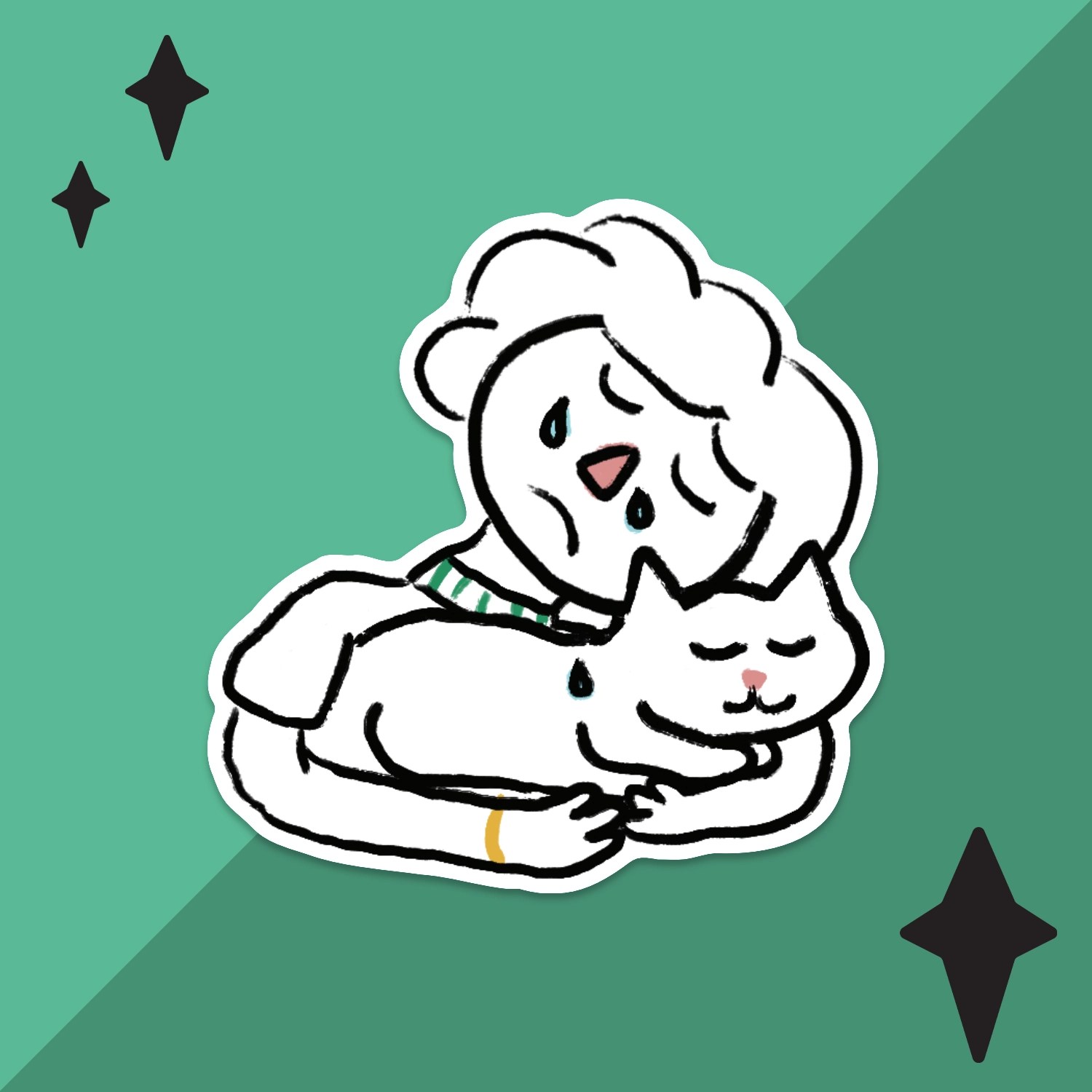 Cry Cry Cry sticker on turquoise background with star accents
