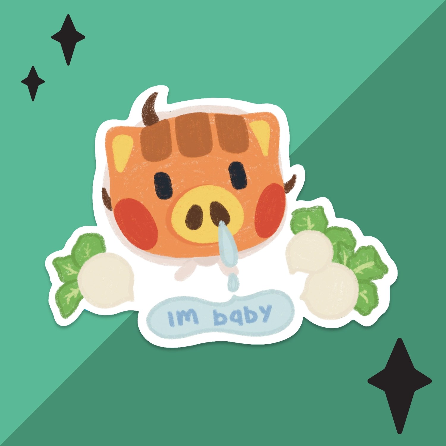 Baby Mae sticker on turquoise background with star accents