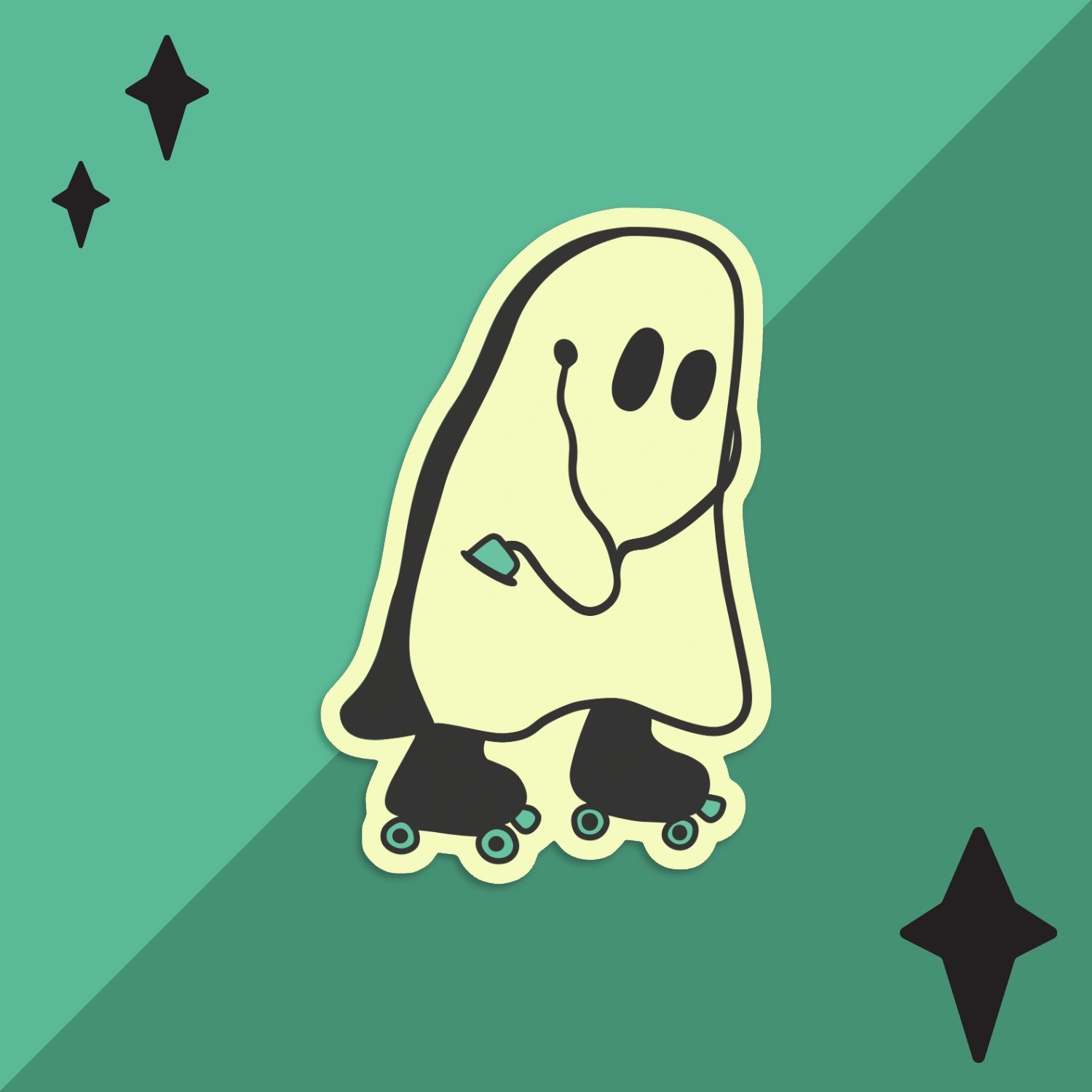 Glow-in-the-Dark Ghostie sticker on turquoise background with star accents