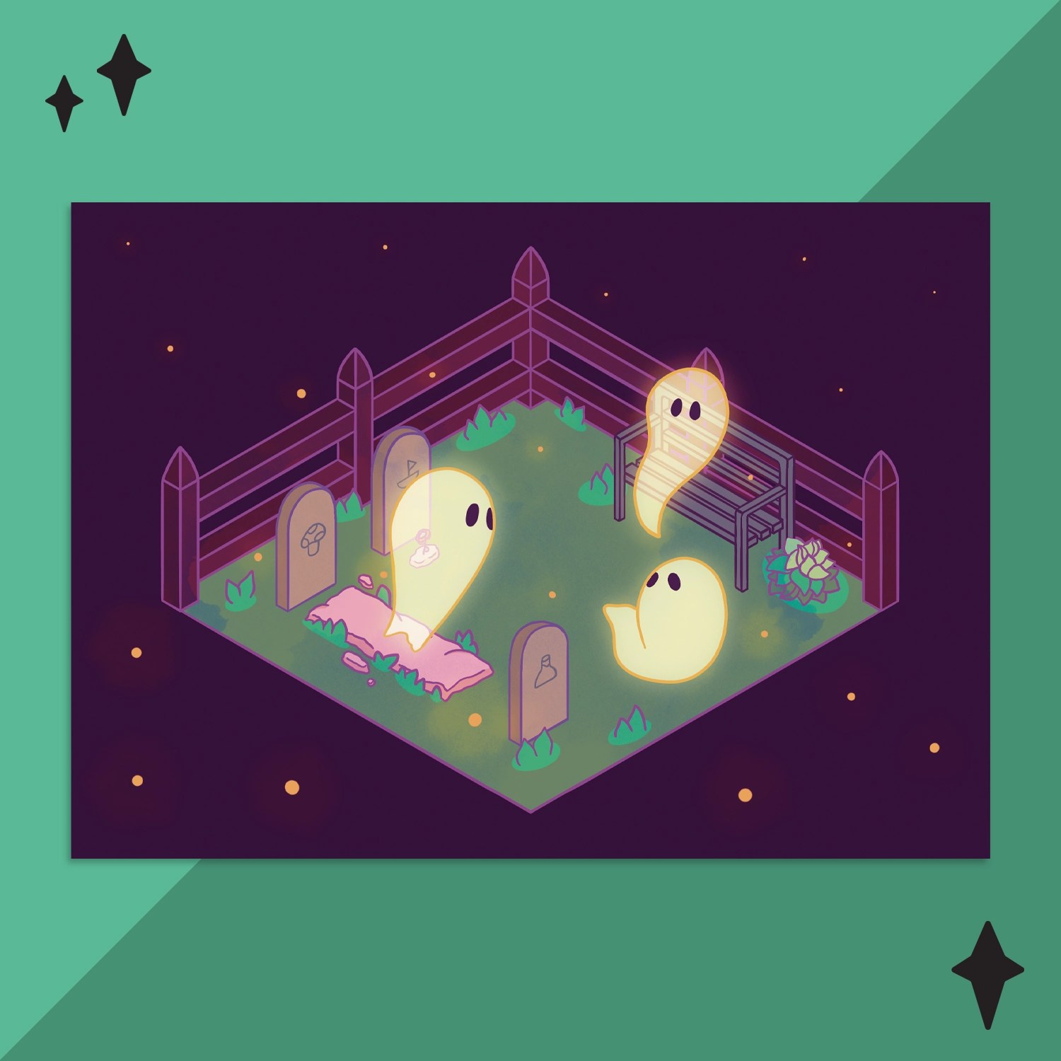 Graveyard Ghosts print on turquoise background with star accents
