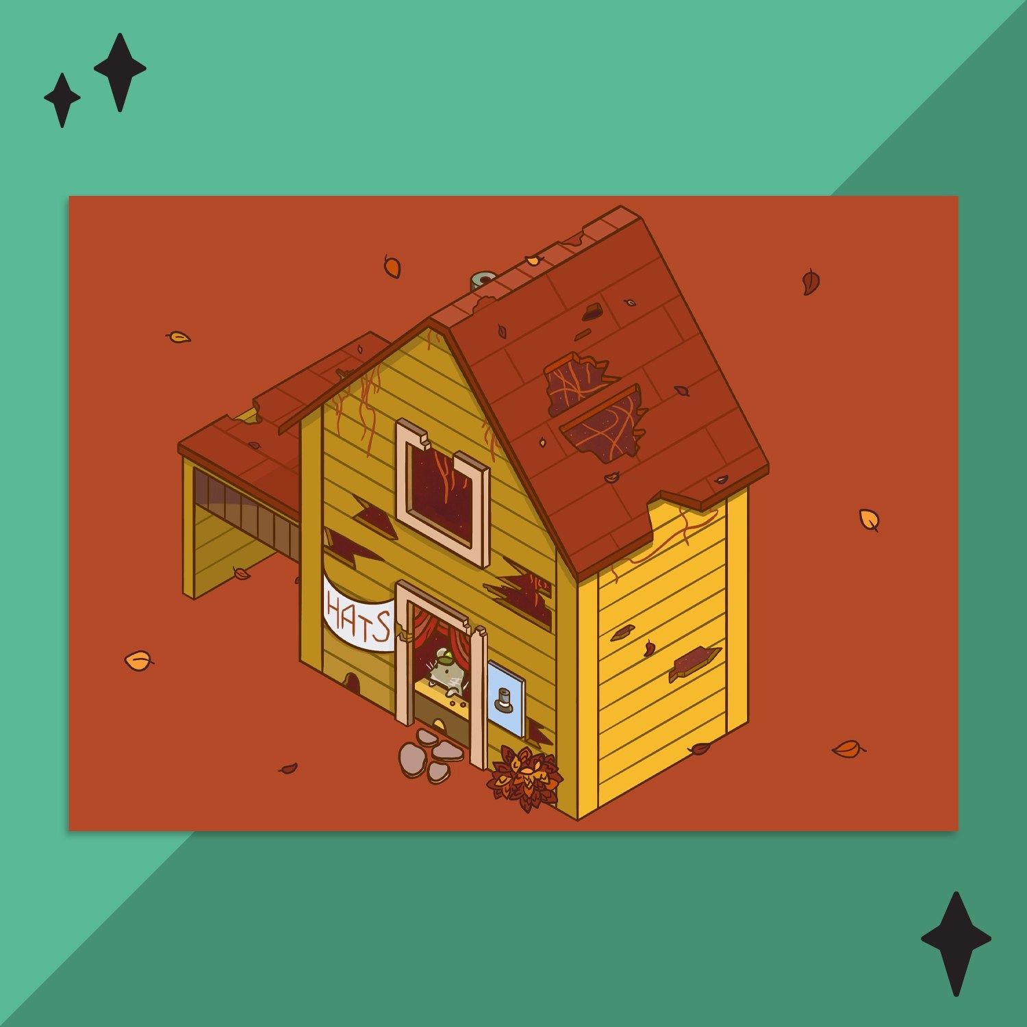 Hat Maus print on turquoise background with star accents