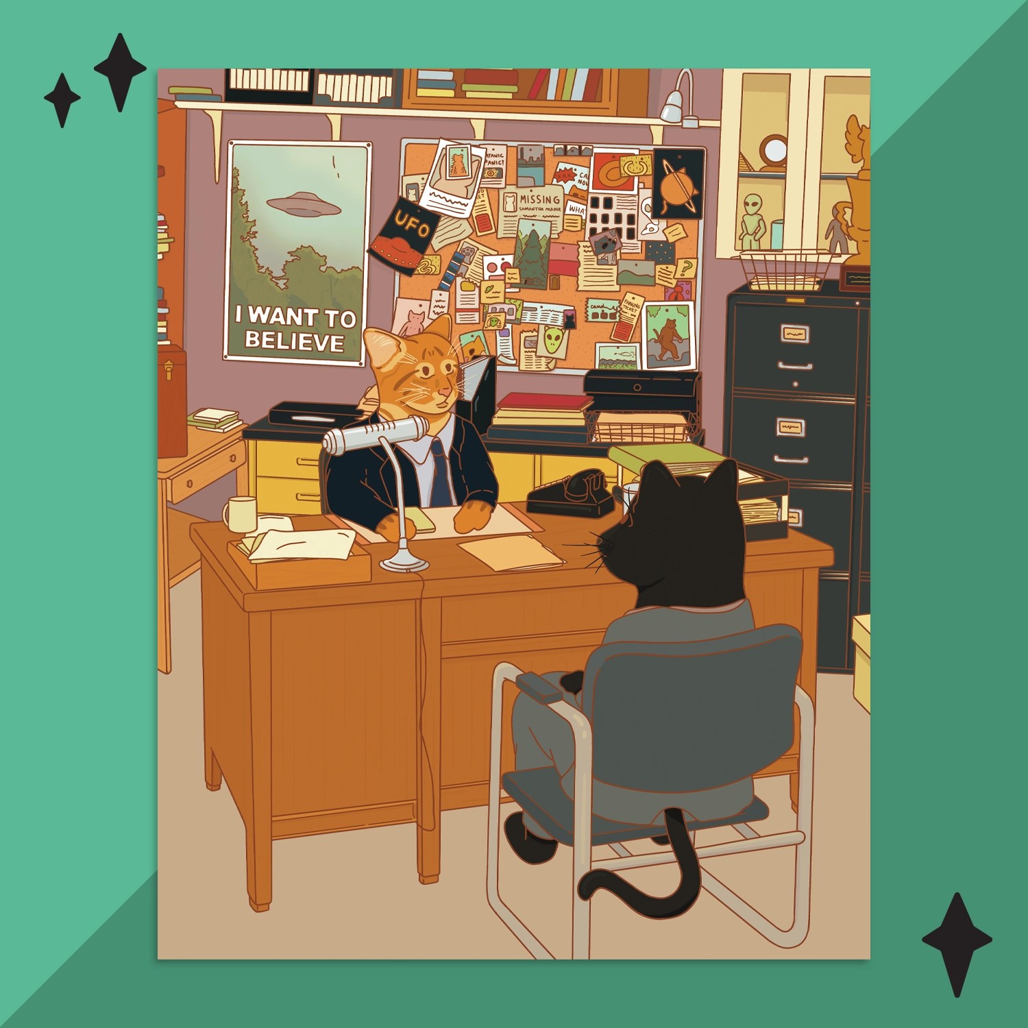 Meowder and Scully print on turquoise background with star accents