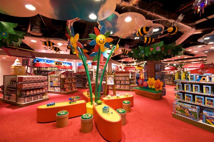 Piano -1: consolle, videogiochi, Red5, Apptoyz. Piano 0: peluche di ogni genere e dimensione, Paddington, Ty. 1°Piano: giochi per l’infanzia, Fisher Price, Playmobil. 2°Piano: migliaia di bambole, Barbie, Hello Kitty. 3°Piano: giochi da tavolo, puzzle, animali in miniatura Schleich. 4° Piano: hobby, modellismo, piste Hot Wheels. 5° Piano: action figures e migliaia di Lego.